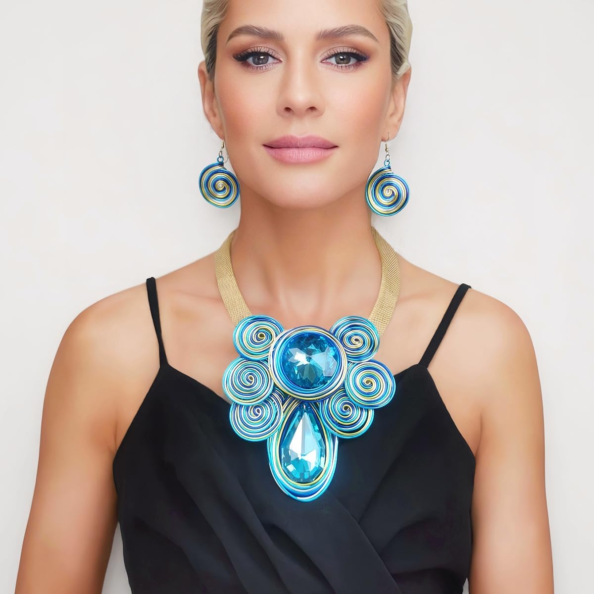 African Jewelry Sets Statement Big Crystal Pendent Necklace Earrings Set For Women Handmade Bib Collar Costume Tribal Fashion Accessories - Image 2