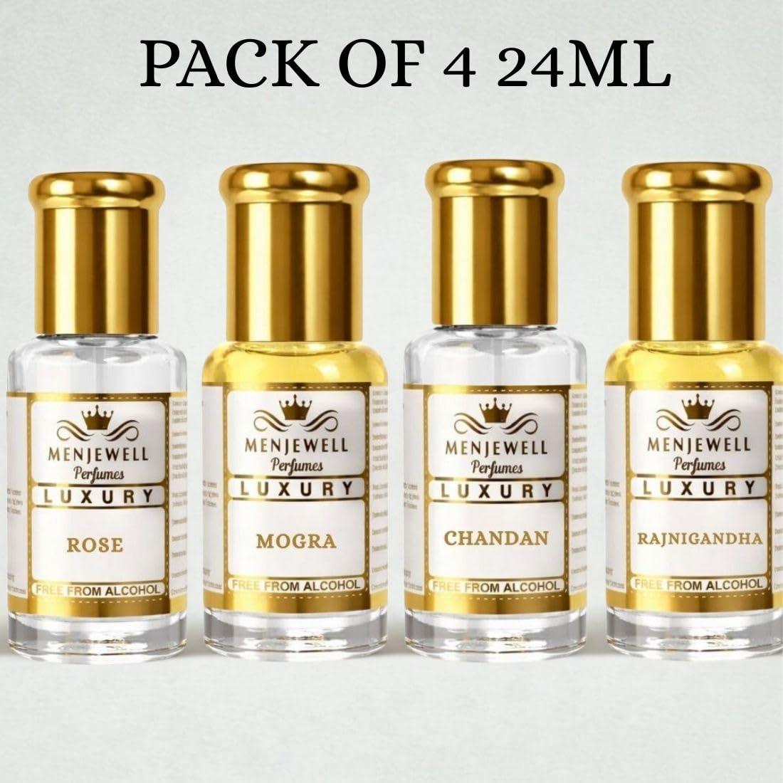Menjewell Rose Fresh, Chandan-E-Khaas, Royal Mogra & Rajnigandha Perfume Floral Attar, 6 Ml (Pack Of 4) 3