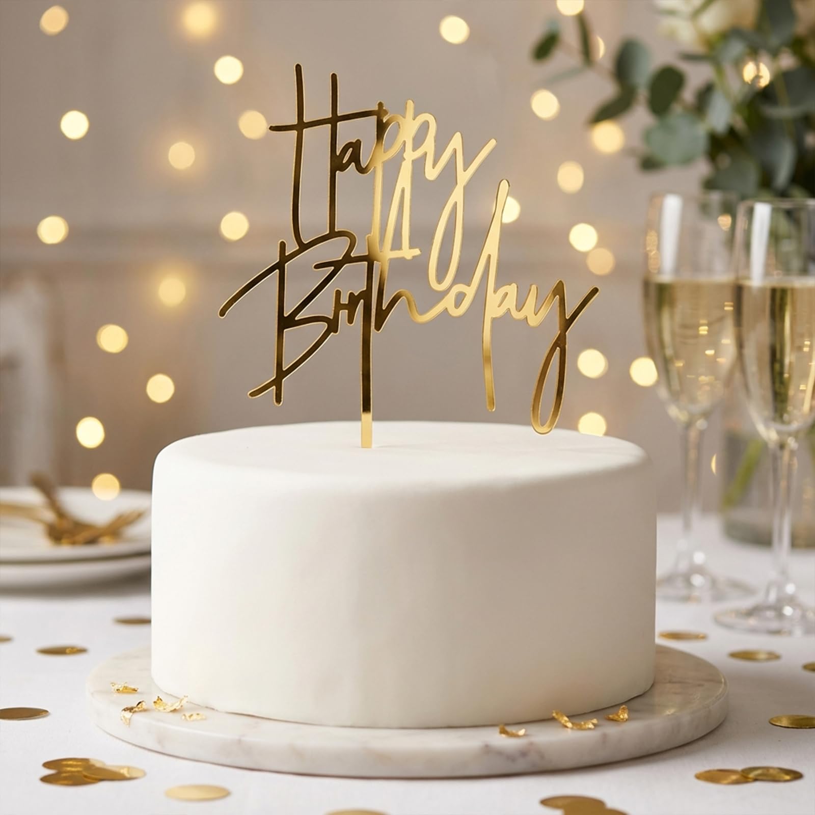 Gold Birthday Cake Topper - Elegant Acrylic Cake Decoration for Adult Parties, Reusable & Washable Happy Birthday Sign for Cakes (Golden)