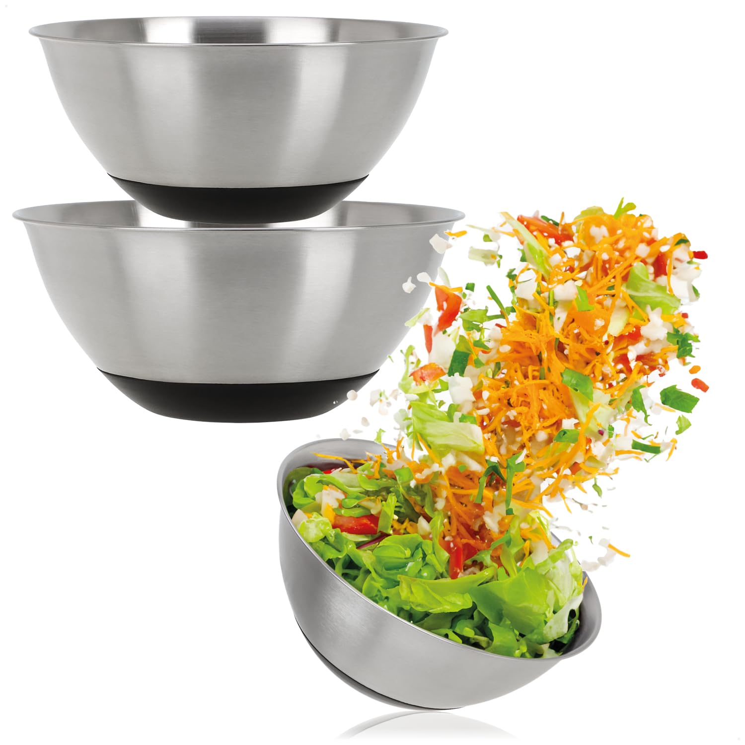 com-four3-Piece Stainless Steel Bowl Set - Salad Bowl in 3 Sizes - Mixing Bowl 750/1300/1800 ml - Stainless Steel Bowl for Baking and Serving - Feeding Bowl (3 Pieces - 15.5/19/21.5 cm)