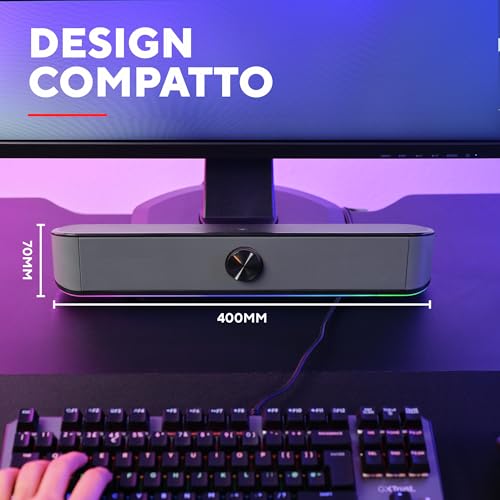GXTrust 1619 Rhox Soundbar PC Illuminata RGB, 12W Casse PC Stereo Speaker con Illuminazione Regolabile, Alimentazione USB, Jack 3.5 mm, Altoparlanti per Computer, Laptop, TV - Nero/Grigio - Casse per PC - Immagine 2