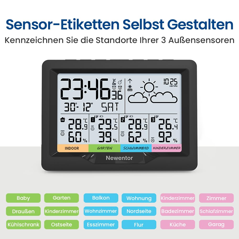 Newentor Wetterstation Funk mit 3 Außensensor Innen und Außen Thermometer Hygrometer DCF-Funkuhr Multifunktionale Funkwetterstation mit Wettervorhersage