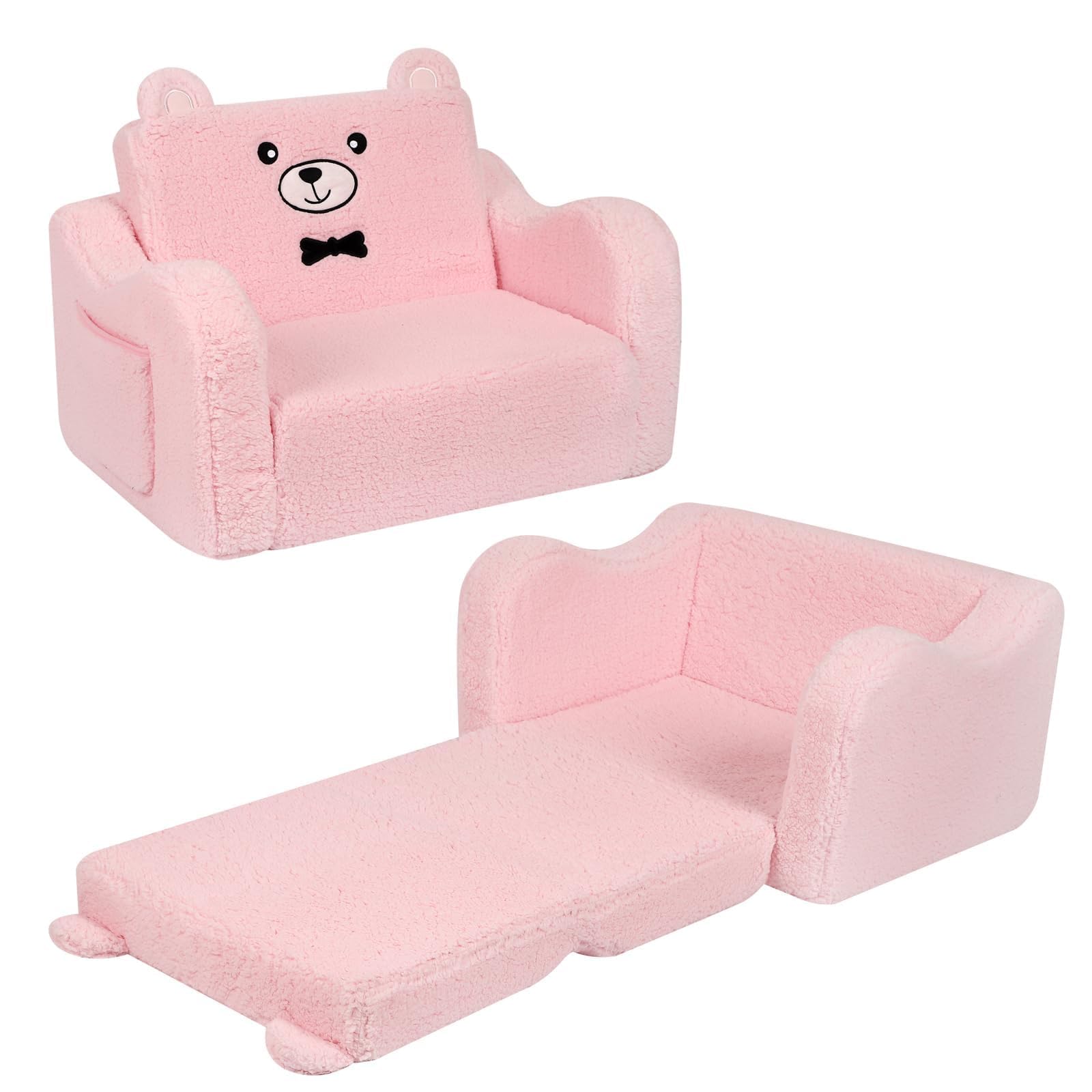 Kids Chairs for Toddler, 2-in-1 Toddler Soft Sherpa Couch Fold Out, Convertible Sofa to Lounger for Girls and Boys, Teddy Bear, Pink, MOMC-2IN1-FX