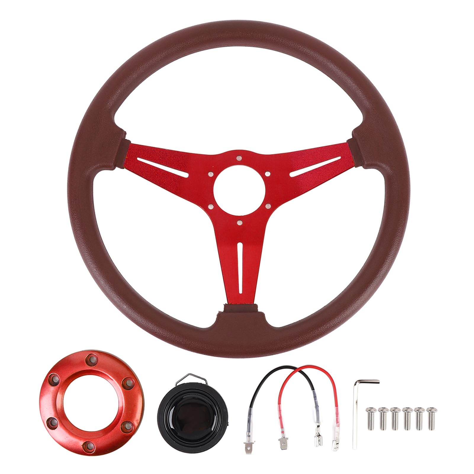 Fabater Volante da, Volante con Raggi in Alluminio in Pelle PU da 14 Pollici con Pulsante Clacson per Adattatore per a 6 Fori (rosso)
