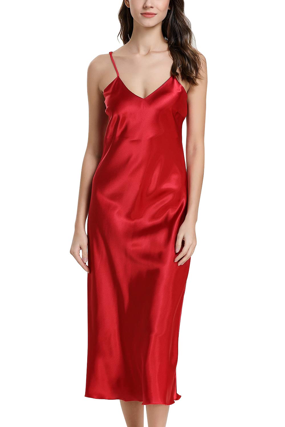 YAOMEI Women’s Dressing Gown Full Length, Long Lace Nighties Nightwear Satin Soft Silky Pyjamas, Luxury Lingerie Spaghetti Strap Babydoll Chemise Nightdress (XL, Red)