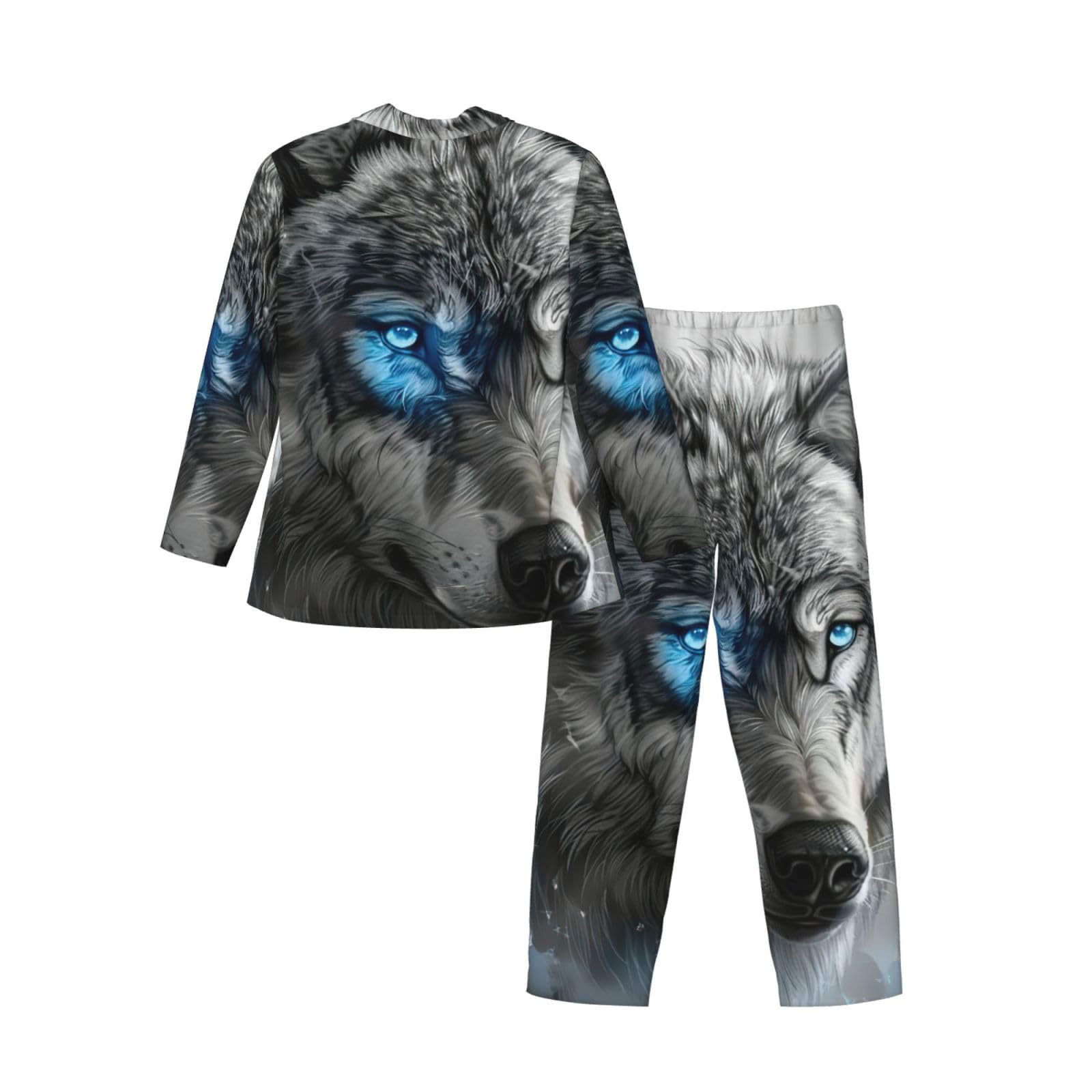 Blue Eyes Lupo Stampa Uomo Manica Lunga Pigiama Set Due Pezzi Pantaloni Lounge Per Inverno Autunno Primavera Estate