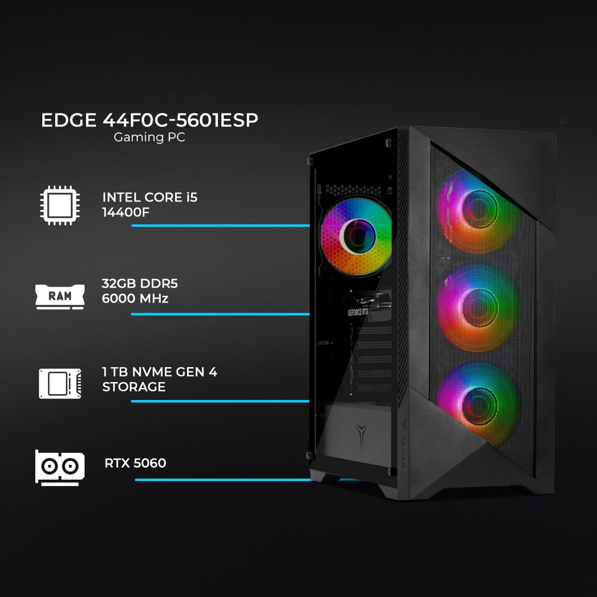 YEYIAN Gaming PC Edge | Intel i5-14400F 10-Core (4.7GHz OC) | NVIDIA RTX 5060 8GB GDDR7 | 32GB (2x16) DDR5 6000MHz | 1TB NVMe SSD Gen4 | Windows 11 Pro