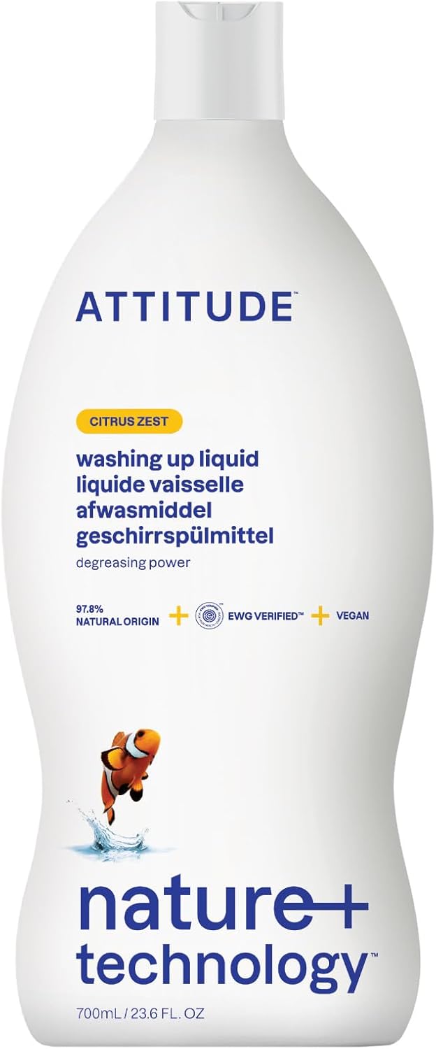 ATTITUDE Afwasvloeistof, EWG geverifieerd, geavanceerde ontvettingskracht, plantaardige en minerale ingrediënten, veganistisch, citrusschil, 700 ml