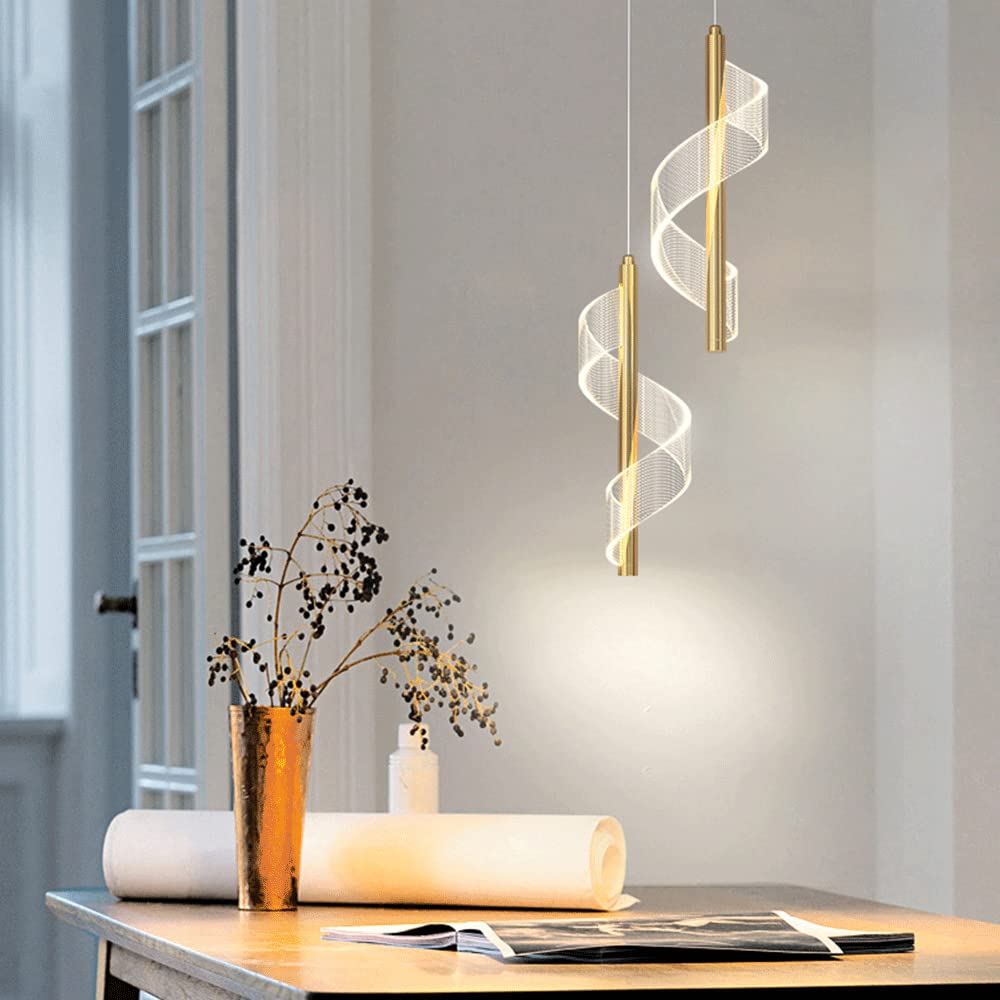 Złota spiralna lampa wisząca, mini lampka nocna wisząca, nowoczesny żyrandol LED, aluminiowe długie lampy wiszące ze skręconym akrylowym kloszem, 3 tryby kolorów oświetlenia Drop Lights