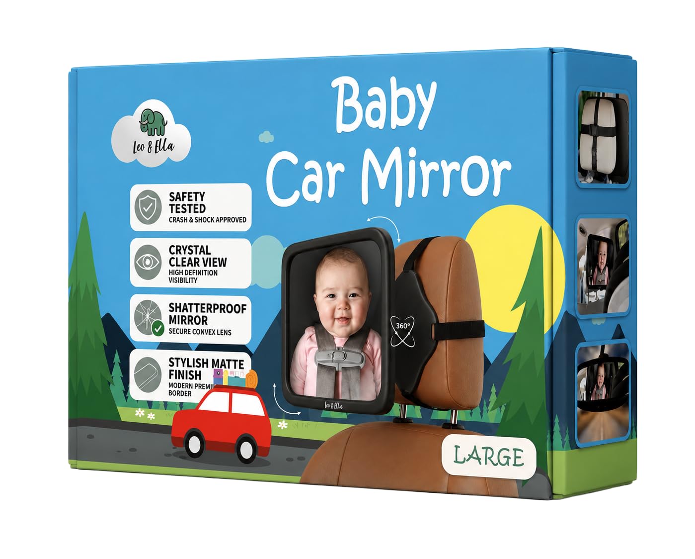 Leo&Ella Espejo trasero para bebés y niños, resistente a roturas con soporte de seguridad ajustable, ideal para el coche