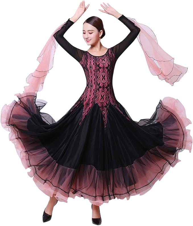 Amazon Rikouzy 社交ダンス衣装 豪華ドレス レース柄 ロング丈 広がる エレガント ワルツ専用ドレス モダンダンス 女性 レディース パソドプレ ラテン タンゴ 練習用 演奏会 舞台衣装 コーラス フラメンコ イブニングドレス 通販