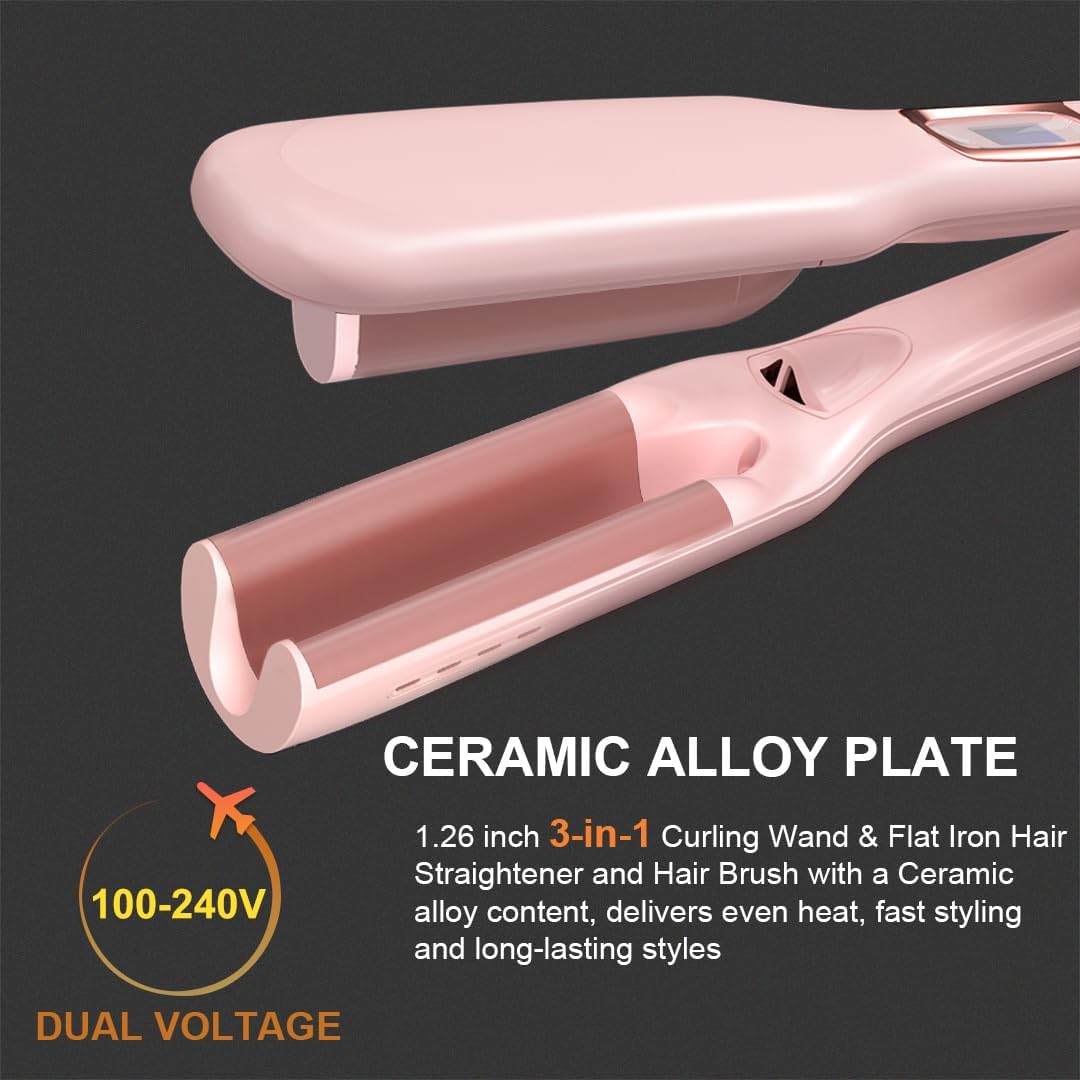 Hair Brush, JINRI Hair Iron, Pumped-Up Volume, Adjustable Temp, 360 ° Tail Rotation, Lasting Volume, for Short Or Thin Hair, Dual Voltage (100-240V), Volumizing Hair Iron, Pink, 1.38 inch