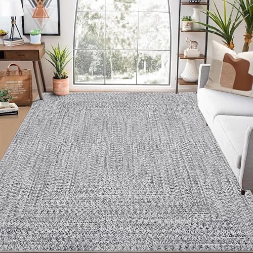 GarveeHome Printed Rugs with Braided Pattern on it, Washable 9x12 Area Rug for Living Room Non Slip Soft Bedroom Rugs Grey Low Pile Stain Resistant Ca