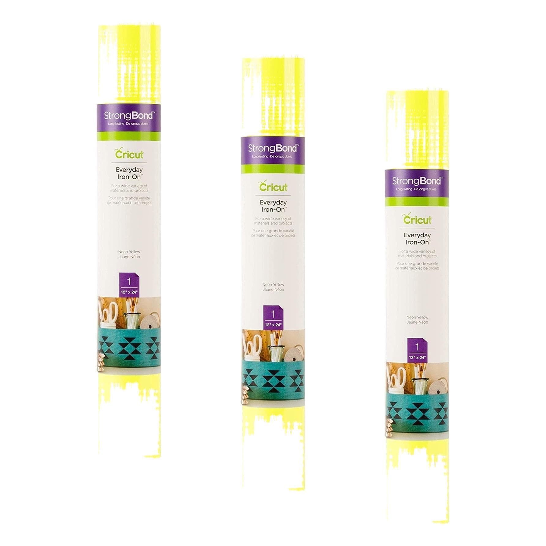 Cricut Everyday Iron On - Neon Yellow, 3-Pack of 2ft Rolls (12"x24"), 6ft Total - HTV Heat Transfer Vinyl for Shirts, Apparel, Hats &amp; More - Compatible with Maker &amp; Explore Machines