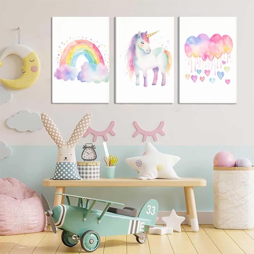 3 Laminas Decorativas Unicornio 30X40CM Poster Habitacion Niña Rosa Cuadros Arcoiris Bebé Lienzo Unicornio Laminas Habitacion Bebe Niña Infantil Rosa Poster Arcoiris Nubes Infantil sin Marco