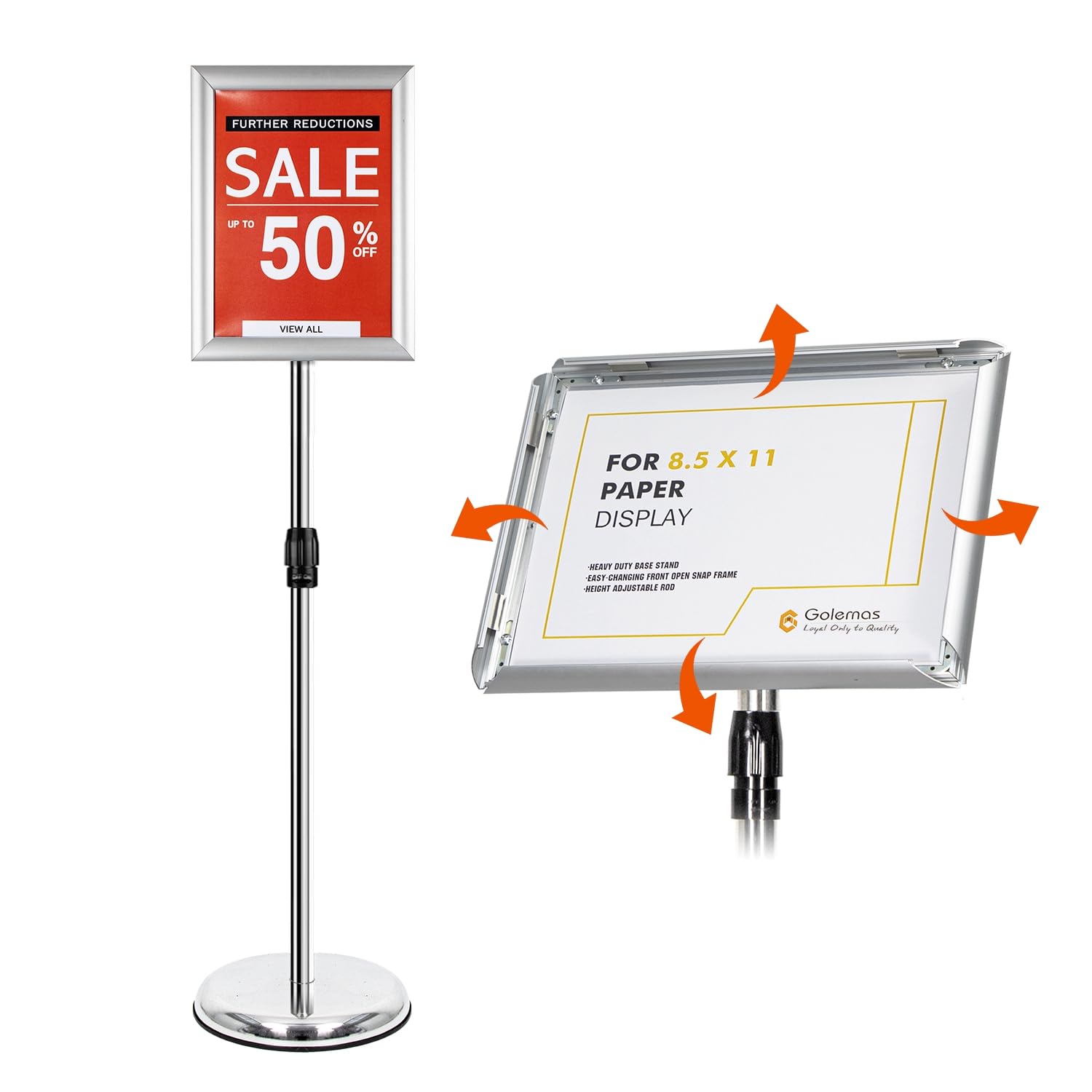Adjustable Sign Stand for Display, Pedestal Floor Signage Stand Holder with Heavy Duty Base, for Outdoor or Indoor Advertising (8.5 x 11, Silver)