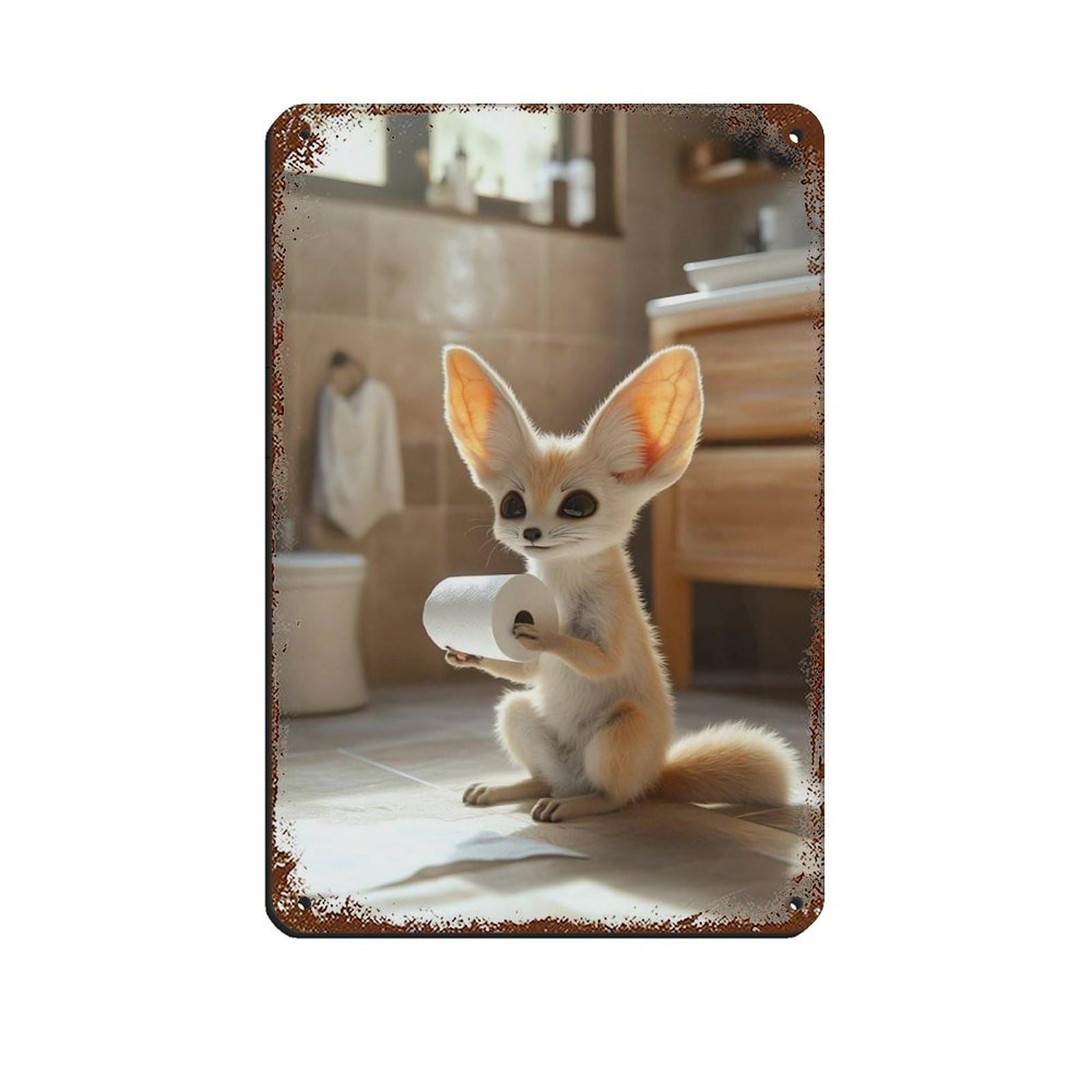 Cute Fennec Fox Holding Toilet Paper Tin Sign Vintage Metal Pub Club Cafe Bar Home Wall Art Decoration Poster Retro 8x12inch(20x30cm)