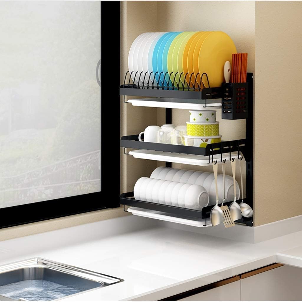 Scolapiatti da Cucina a Parete in Acciaio Inox 201 Nero con Gabbia per Bacchette