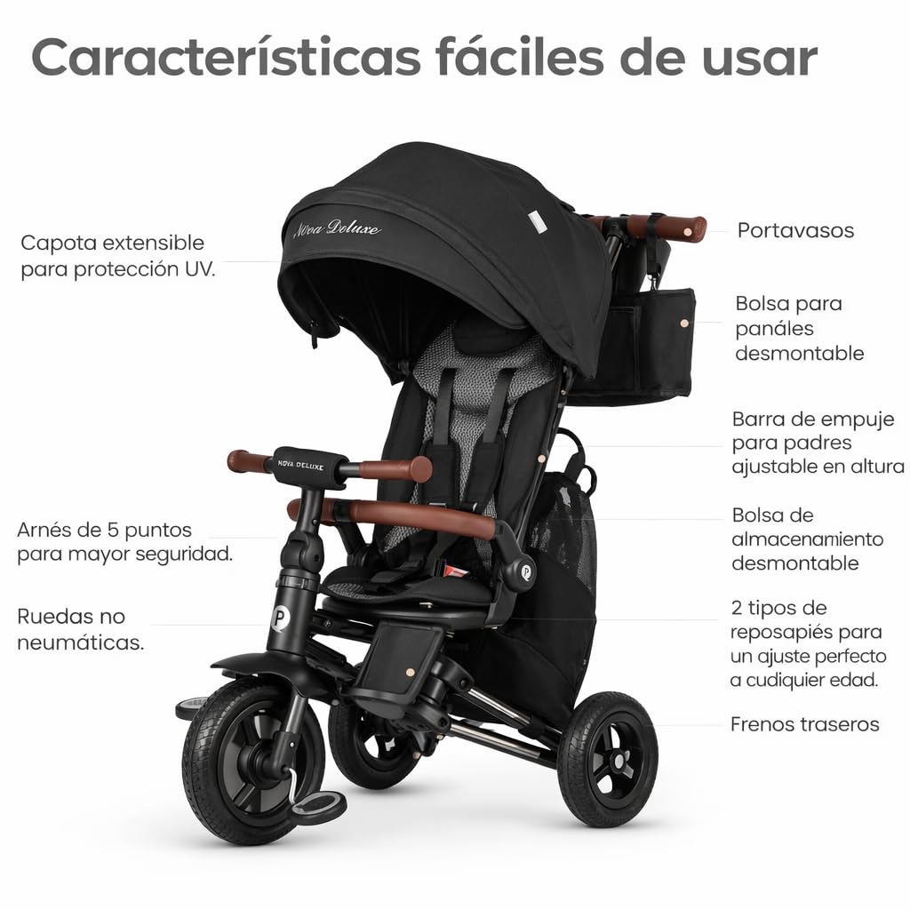 QPlay Carrito Evolutivo Nova Deluxe, con Asiento Giratorio, Plegado Compacto, Capota Ajustable, Cuero Hecho a Mano, Reposapiés y Frenos - Para Niños de 10 a 36 Meses (Negro)