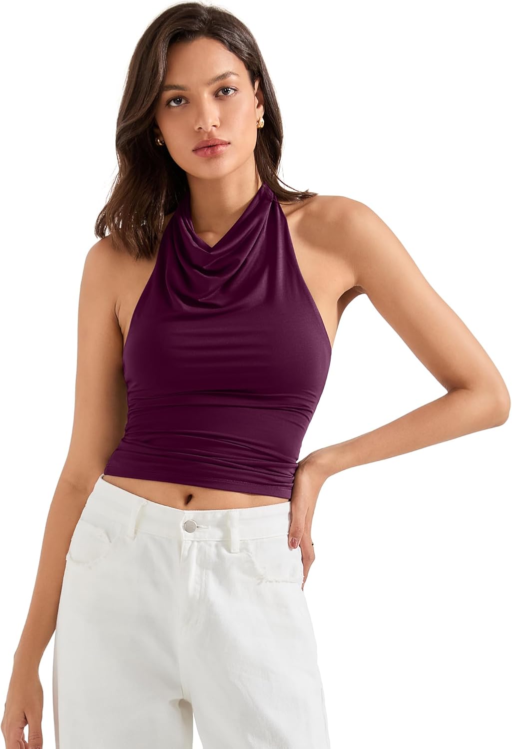 SUUKSESS Women Halter Backless Tank Tops Sexy Cowl Neck Summer Going Out Cami Tops