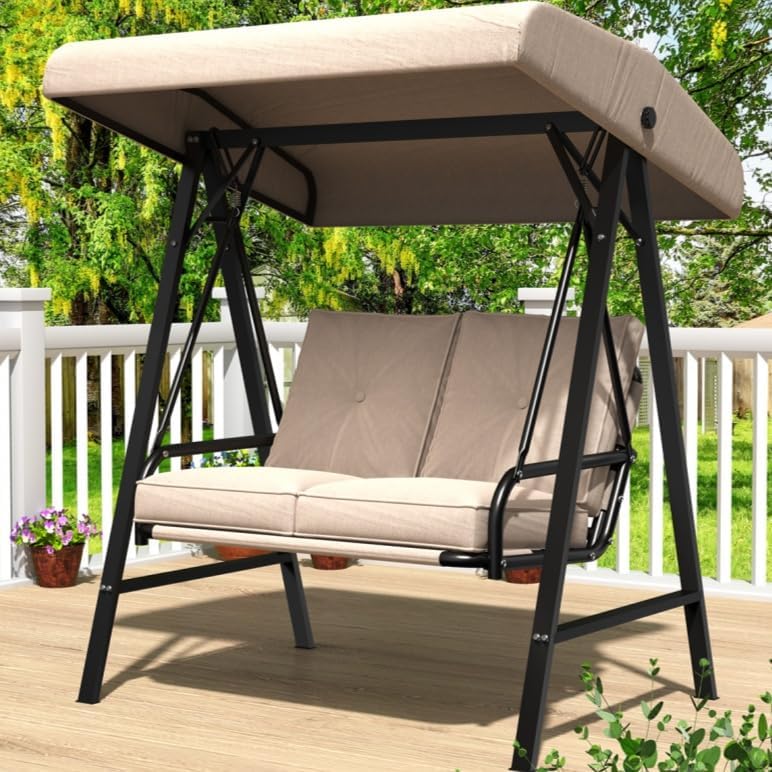 AECOJOY Silla columpio de patio al aire libre de 2 asientos con toldo ajustable, sillas columpios de porche para adultos, banco columpio exterior