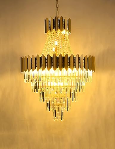 Miniatura 9 de Afficat Candelabro de cristal dorado de lujo, 3 niveles con forma de gota de lluvia K9 para comedor, estilo emperador, lámpara de techo colgante