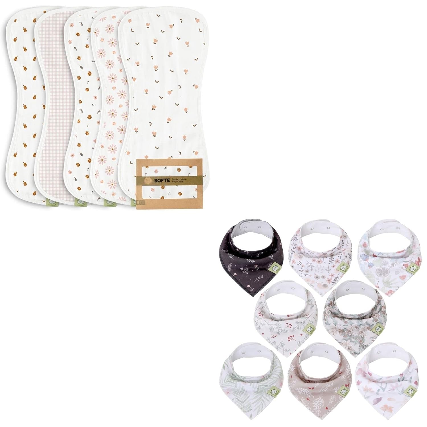 KeaBabies 5-Pack Muslin Baby Burp Cloths for Boys and Girls and 8-Pack Baby Bandana Bibs - Cotton Kids Washcloths, Burping Rags - Drool Bibs for Kids, Toddlers