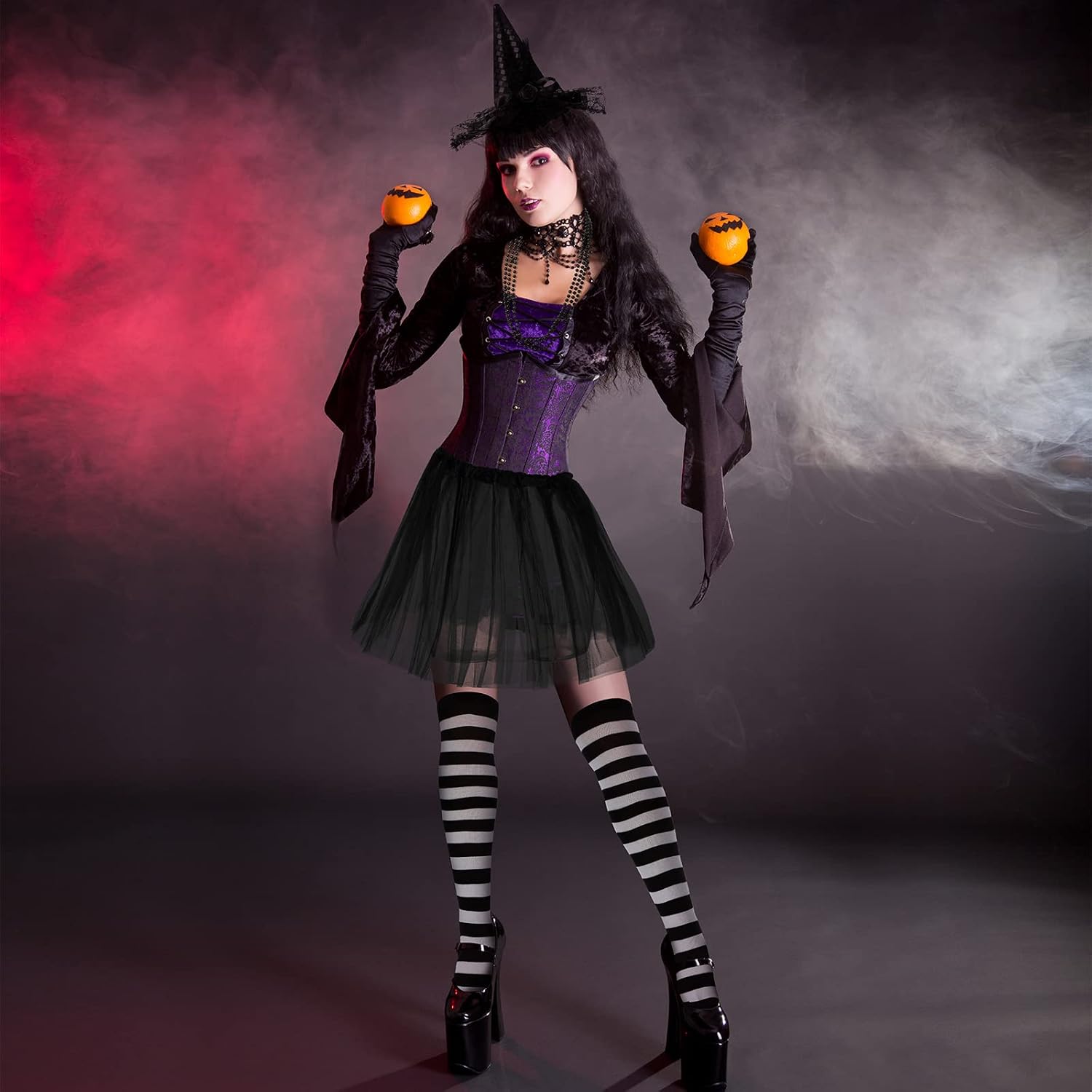 Halloween Witch Hat and Tutu Skirt Costume Set, Halloween Witch Sequins Headbands Tutu Skirt Black and White Striped Thigh High Socks for Women Halloween Cosplay Party