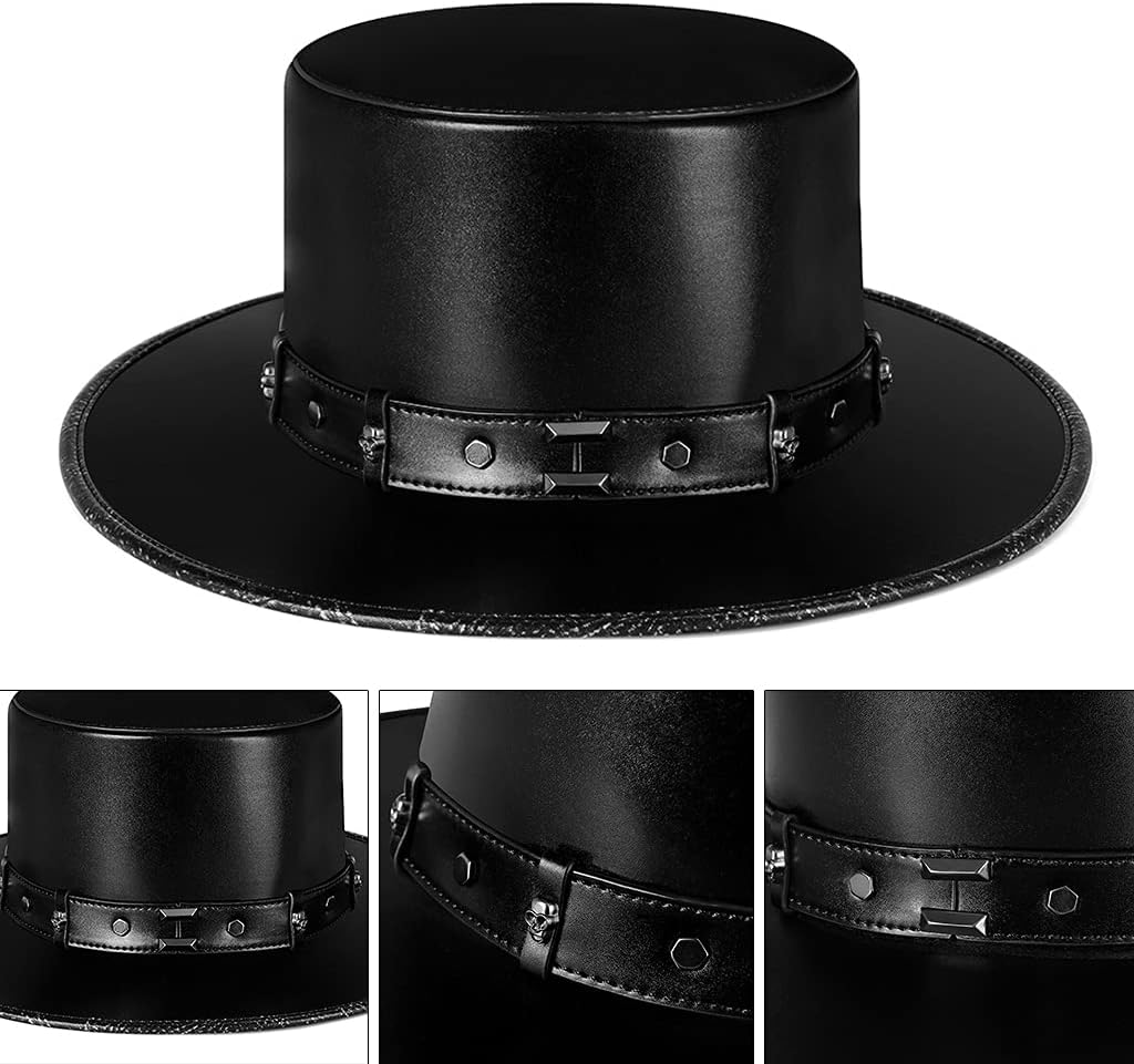 Steampunk Doctor Hat PU Leather Black Flat Top Hat for Halloween Cosplay Costume Props Masquerade for Men