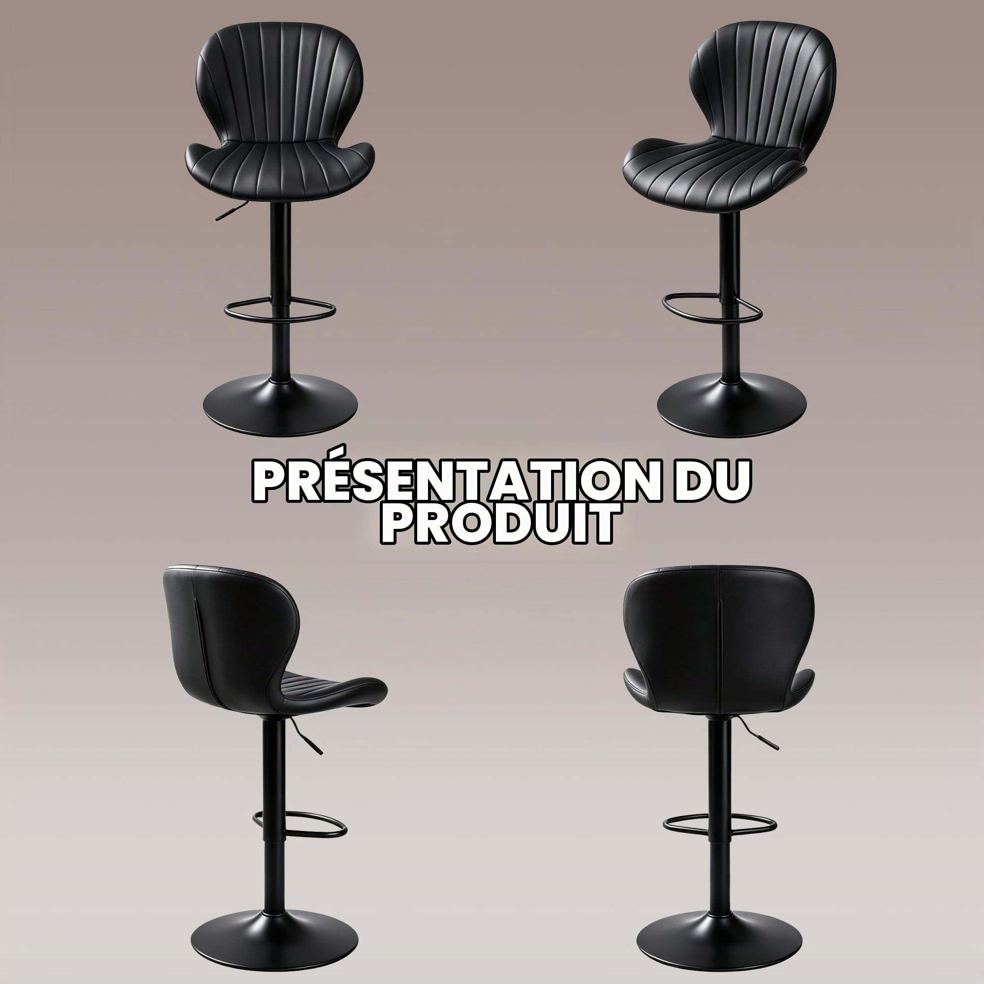 Tabourets de Bar Lot de 2, Chaise de Bar de Cuisine Réglable, Noir