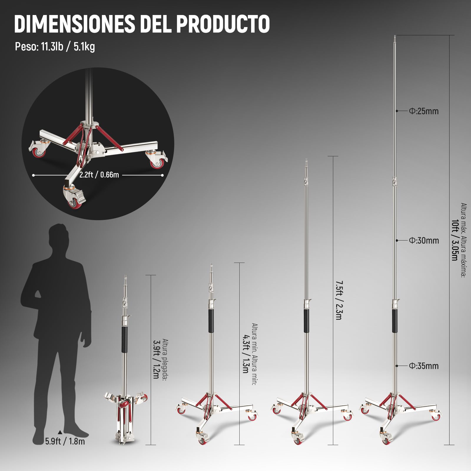 NEEWER Soporte de luz Acolchado de Aire Resistente de 10 pies con Ruedas, Soporte de trípode Ajustable, Soporte de Acero Inoxidable con Ruedas para Flash de Estudio, Reflector monolight, SC305AW