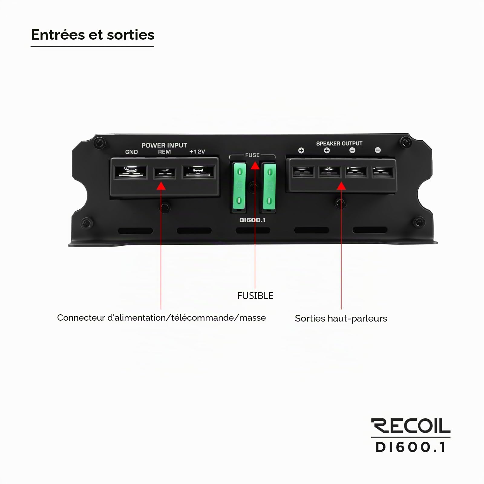 RECOIL DI600.1 Ampli Mono Classe D 1200W Subwoofer Voiture | 600W RMS @1Ω, 385W RMS @2Ω, 1Ω Stable, MOSFET, Télécommande Graves