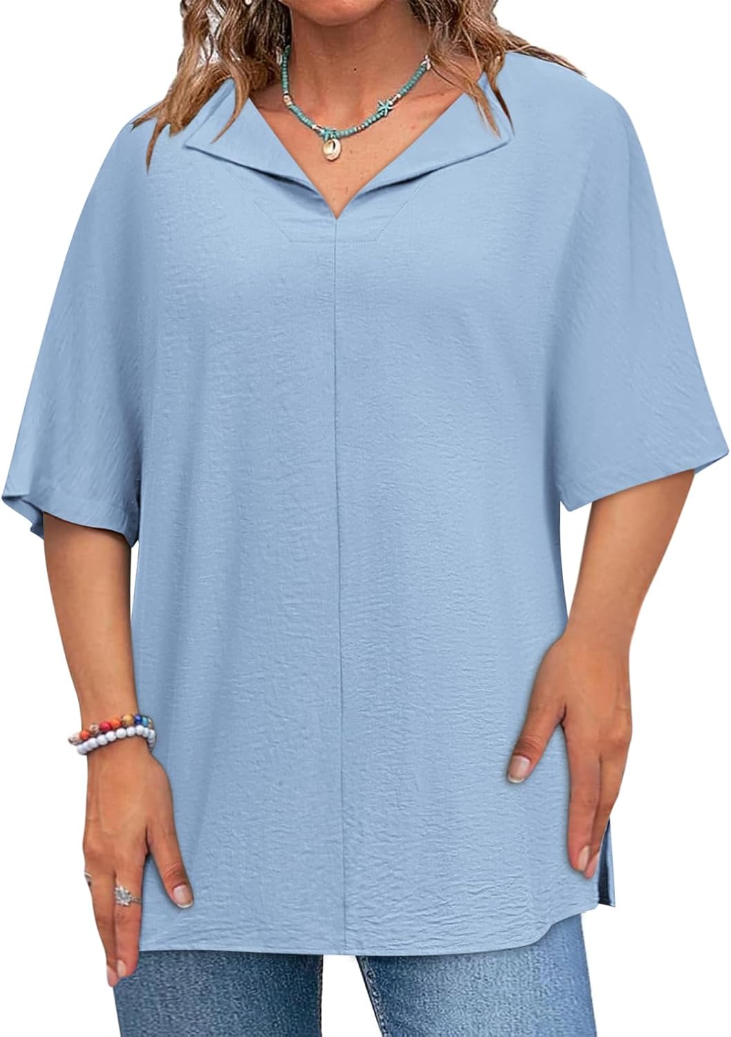 Lueluoye Womens Plus Size Tops Short Sleeve V Neck Tee Blouse Summer Loose Fit Casual Tunic Top XL-5XL - Image 3