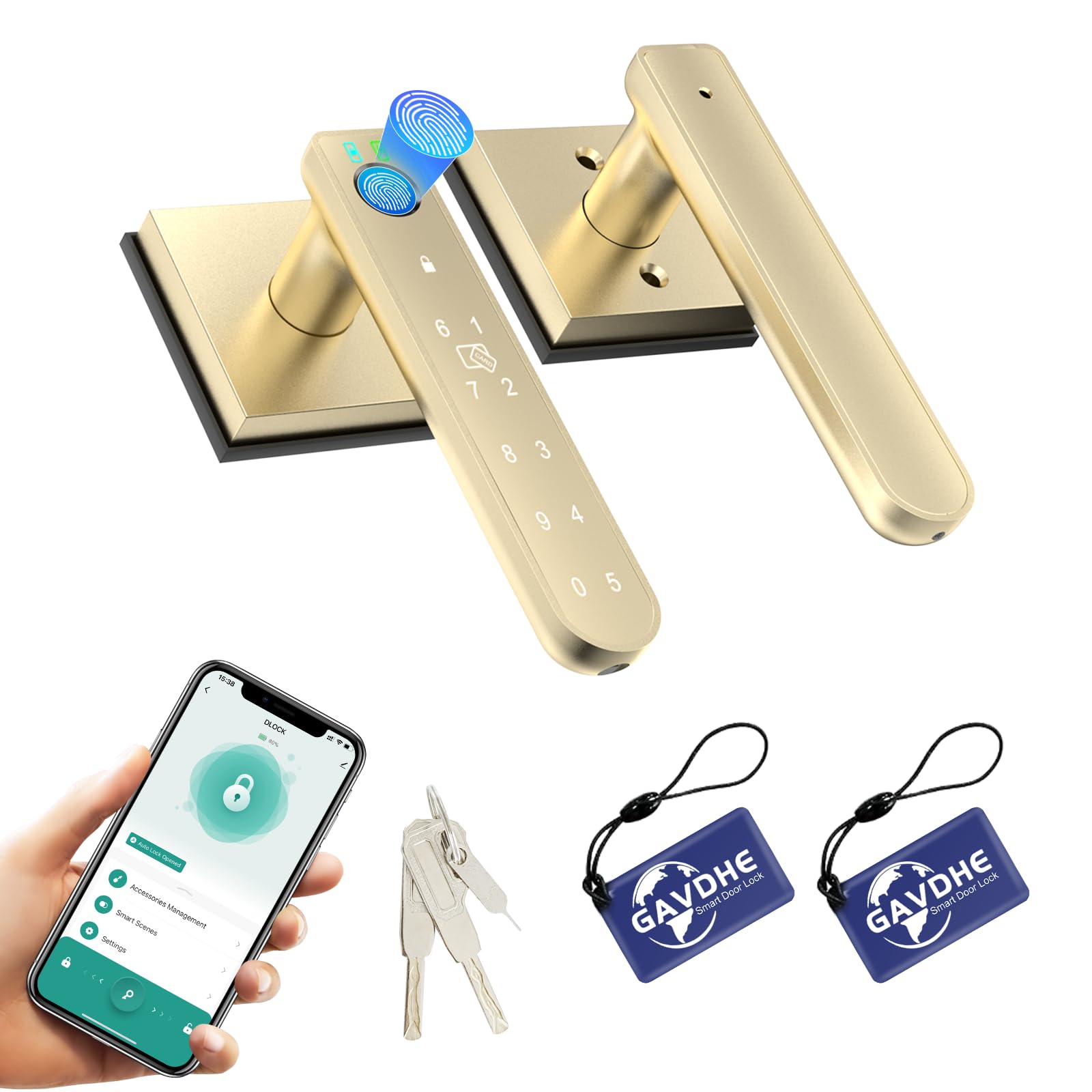 Serrure de porte dorée anti-perte de clés avec contrôle par application