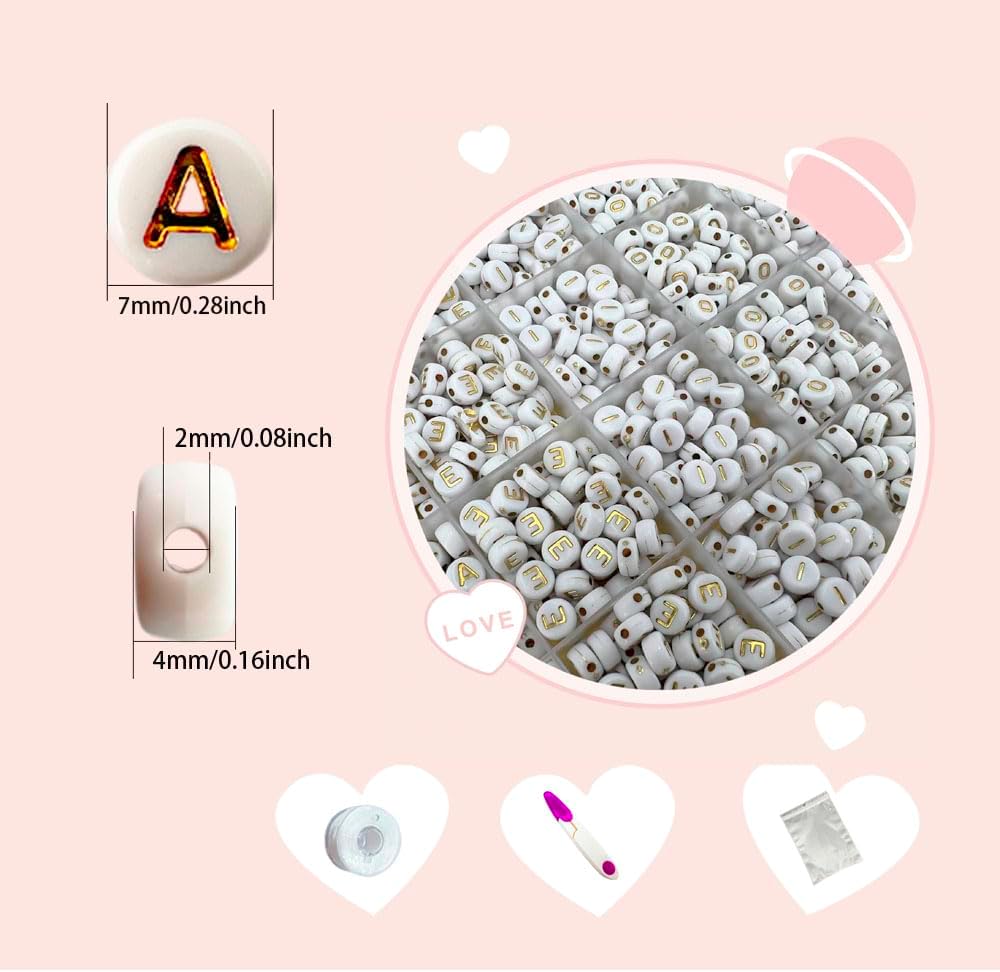MIIIM 1200pcs Vowel Letter Beads (A, E, I, O, U), 4x7mm Round Letter Beads for Bracelets Making, Alphabet Beads, Number Beads, Heart Beads in 24 Grid Box (White Beads Gold Letters) - Image 2