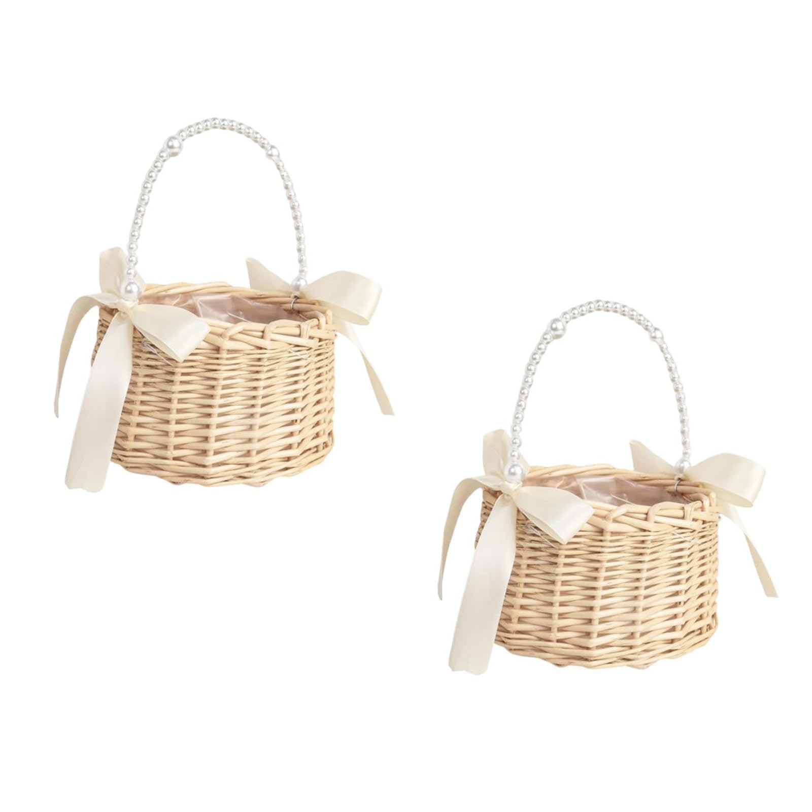 Cestino In Rattan Con Perle E Fiocco – Cesto Intrecciato A Mano Per Decorazioni, Matrimoni E Organizzazione, Ideale Per Pasqua