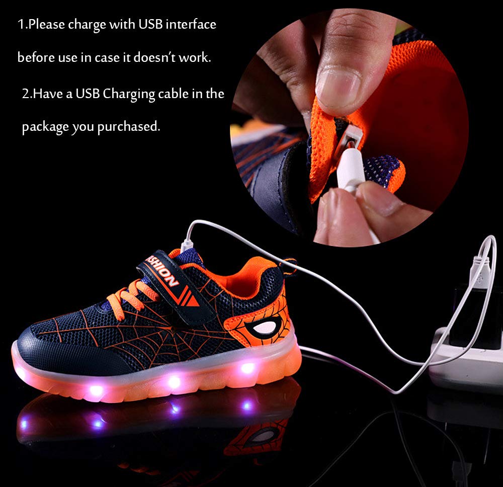 YUNICUS Zapatos deportivos con luz LED y flash con carga USB superior de araña, para niños y niñas, el mejor regalo para cumpleaños, Acción de Gracias, Navidad