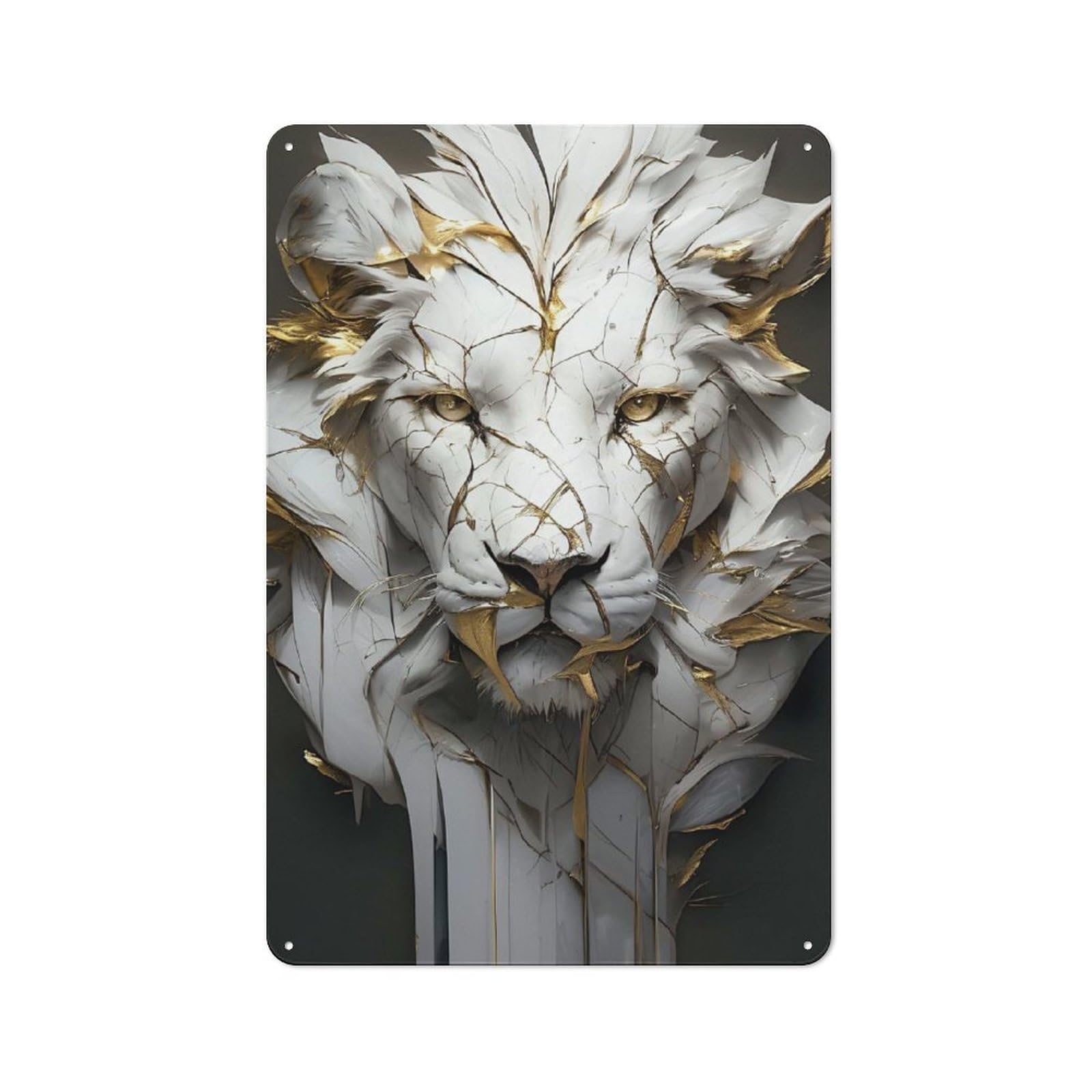 Junmoney Style-18 Tin Wall Plaque 30X20cm With Cracked White Lion Sculpture With Gold Accents For Workshop Wall, Housewarming Wall Decor For People Furnishing Workshop