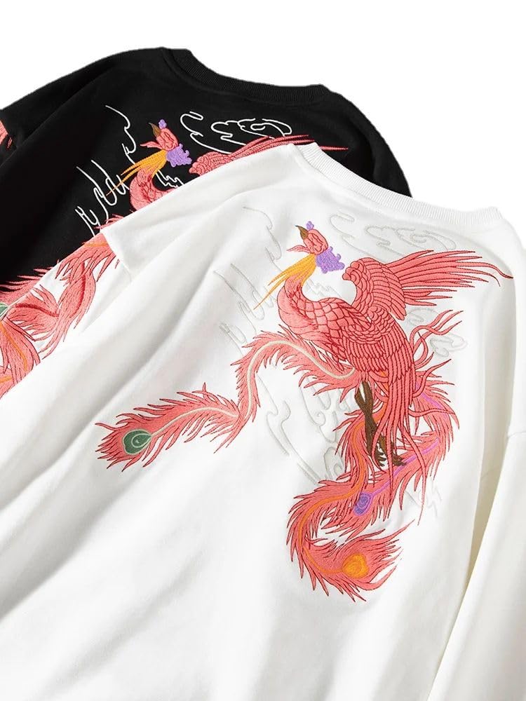WOLONG Felpe con cappuccio hip hop da uomo streetwear Phoenix ricamo felpe con cappuccio girocollo giapponese retrò casual pullover