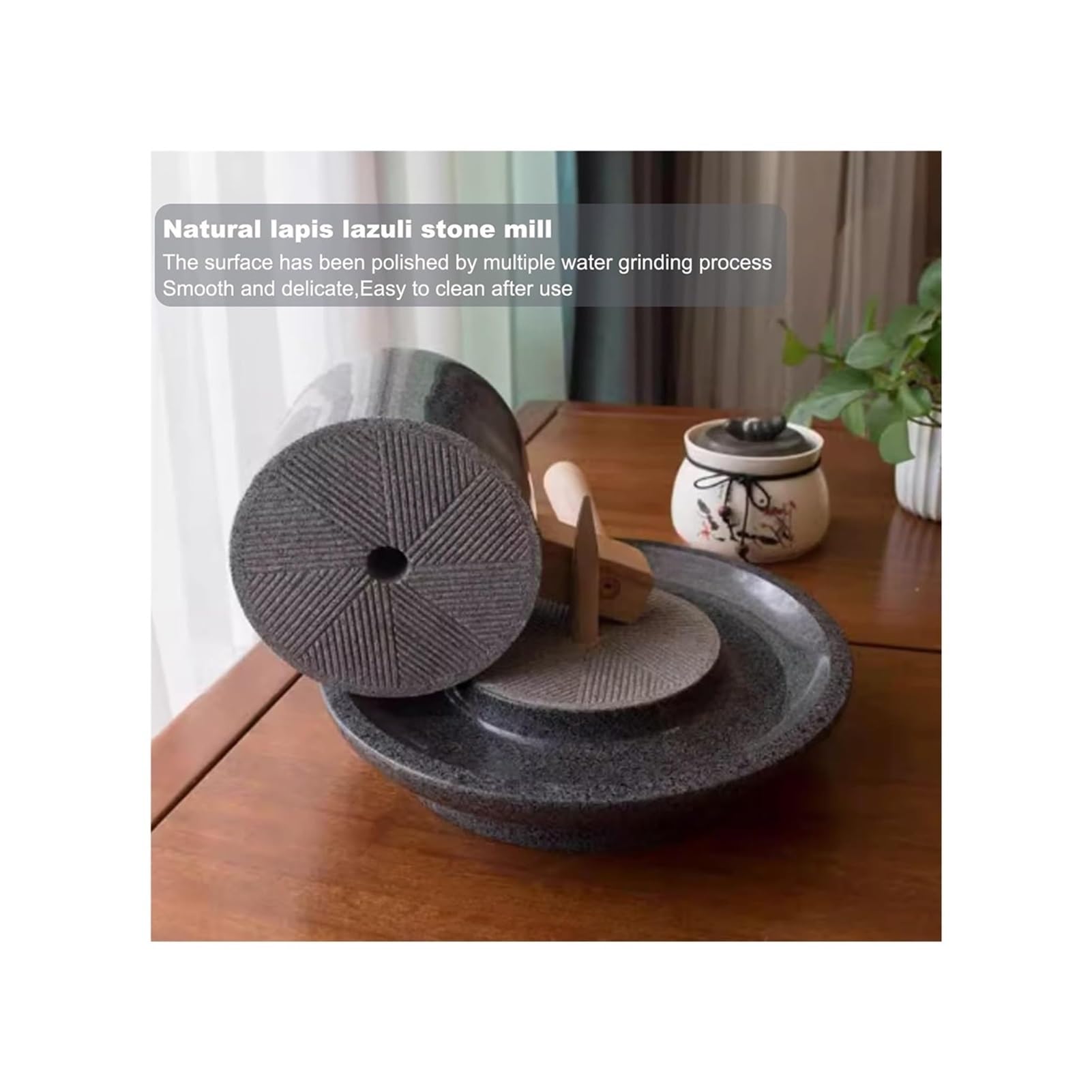 Matcha młynek do herbaty w proszku, młynek do kamienia do mielenia herbaty, ręcznie wykonany naturalny granit z drewnianą ramą i uchwytem z litego drewna