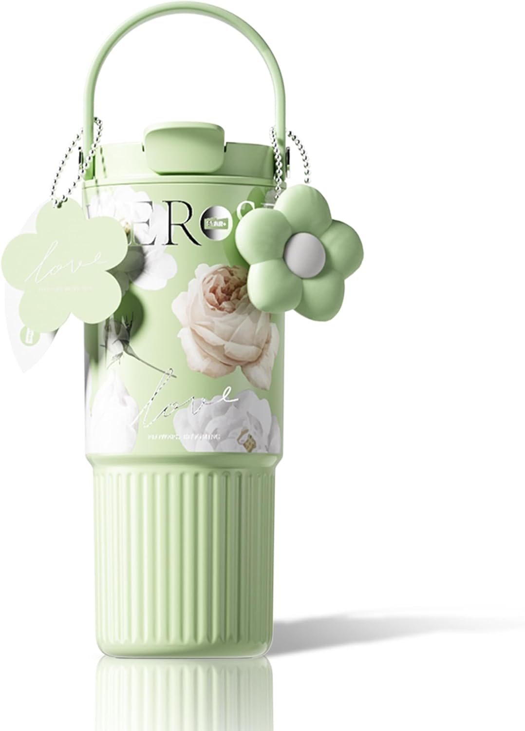 24 oz Insulated Tumbler for Women with Flip Straw and Handle, Stainless Steel Water Bottle Leak Proof Thermos Portable Iced Travel Coffee Mug, Floral Green