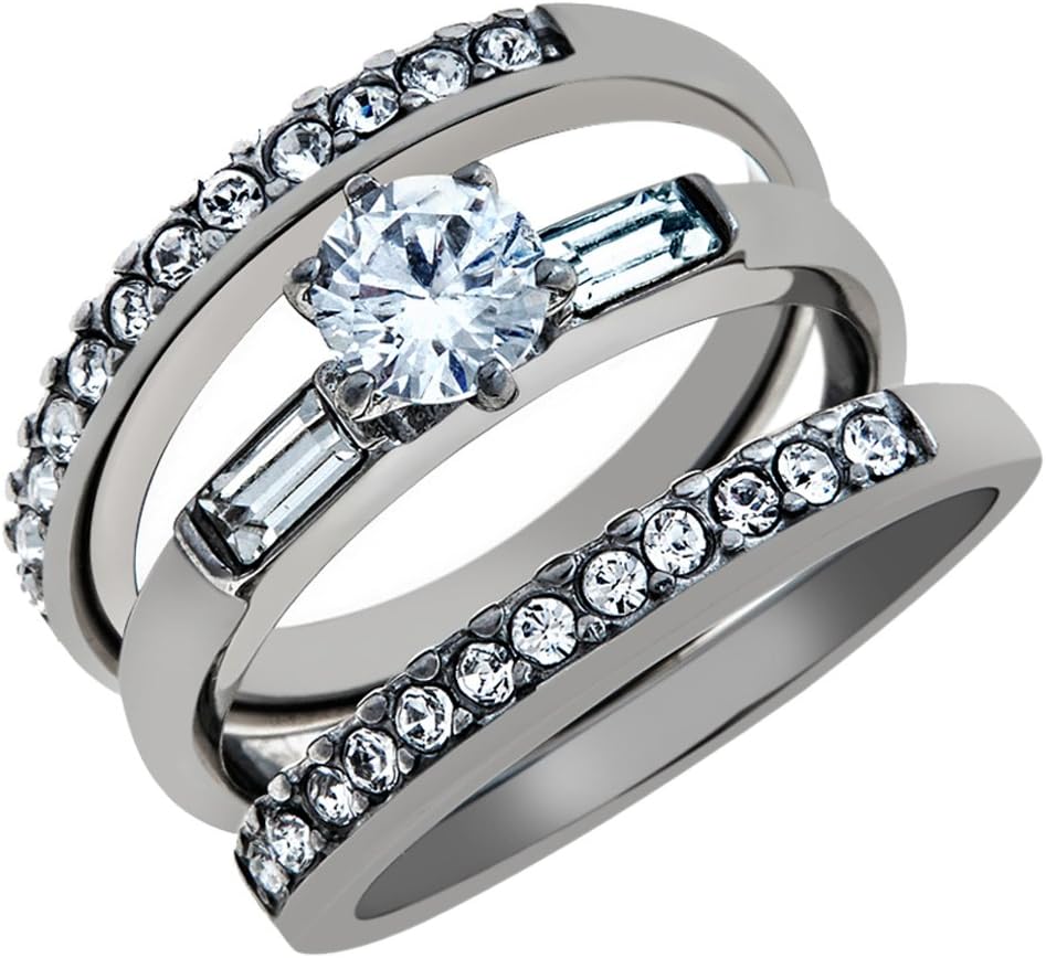 Marimor Jewelry 1 Carat Round Cut and Baguette 3 Piece Wedding and Engagement Ring Set Women's Size 5-10