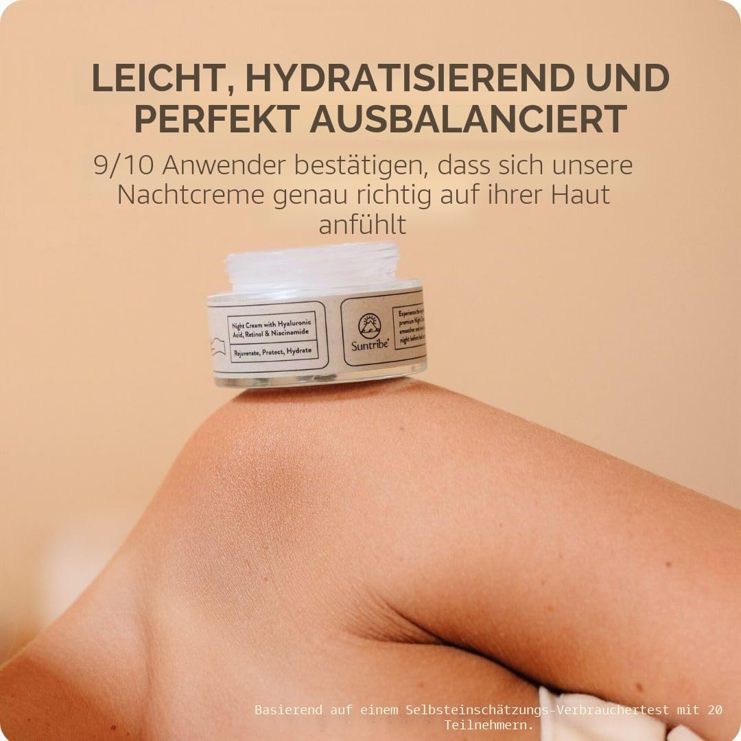 Suntribe Bio-Nachtcreme mit Hyaluronsäure, Retinol & Niacinamid / 50 ml - 3x Anti-Aging, 100% Natürlich - Feuchtigkeitsspendend, Arganöl & Aloe Vera - Nicht fettend, Parfümfrei, Vegan