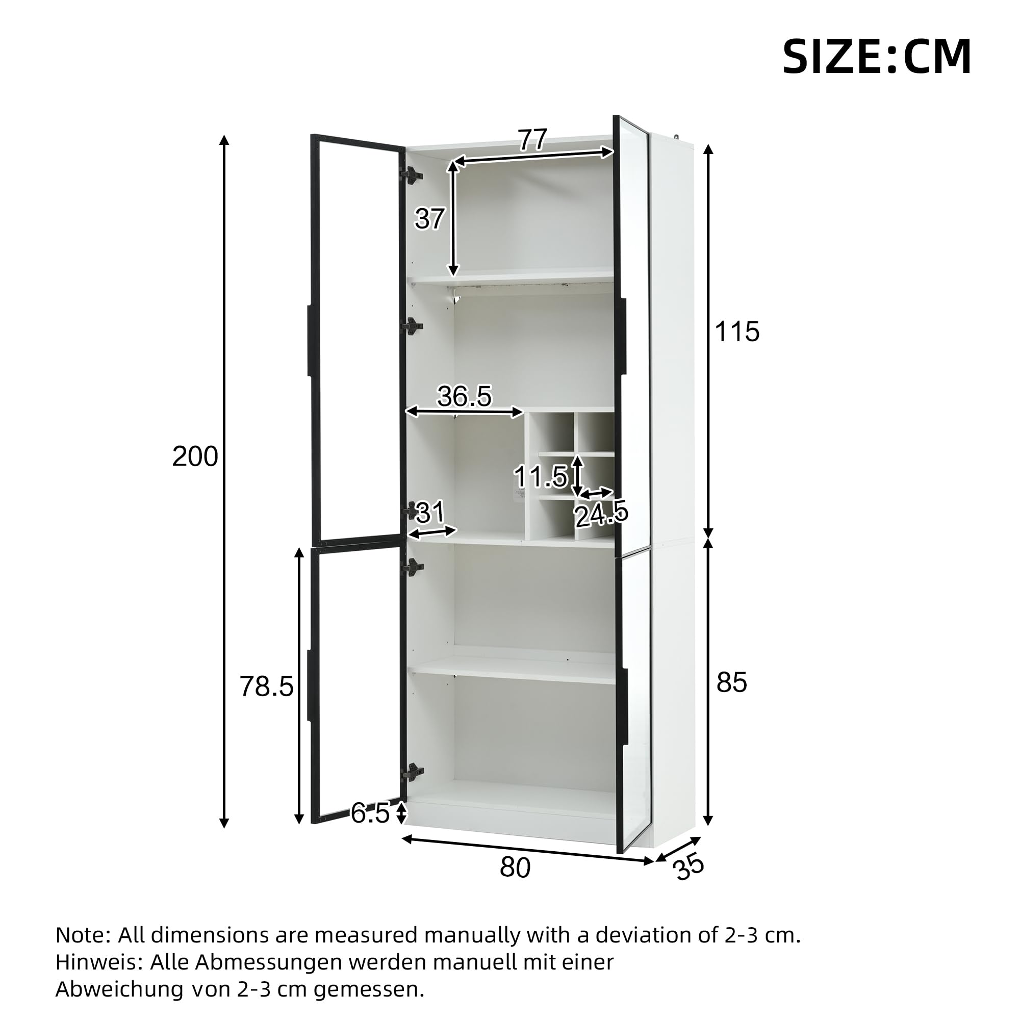 Kebnor Vetrina in Vetro con LED, Armadio Alto, Libreria, Vetrina per Vino, Elegante Credenza con Doppie Porte, Scaffale in Vetro e Supporto per Vino, 80 x 35 x 200 cm, Bianco