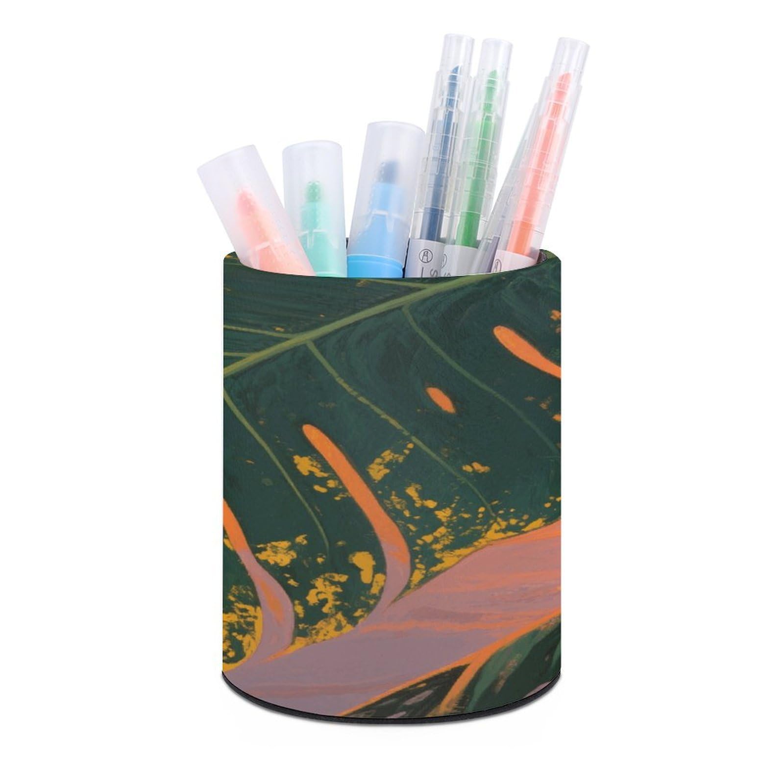 VstaDank Tropical Palm Leaves Pen Holder for Desk Makeup Brush Holders Stylish Pen Cup Cute Pencil Cup Round Pencil Holder Decor Brush Scissor Holders for Multifunctional Office Supplies