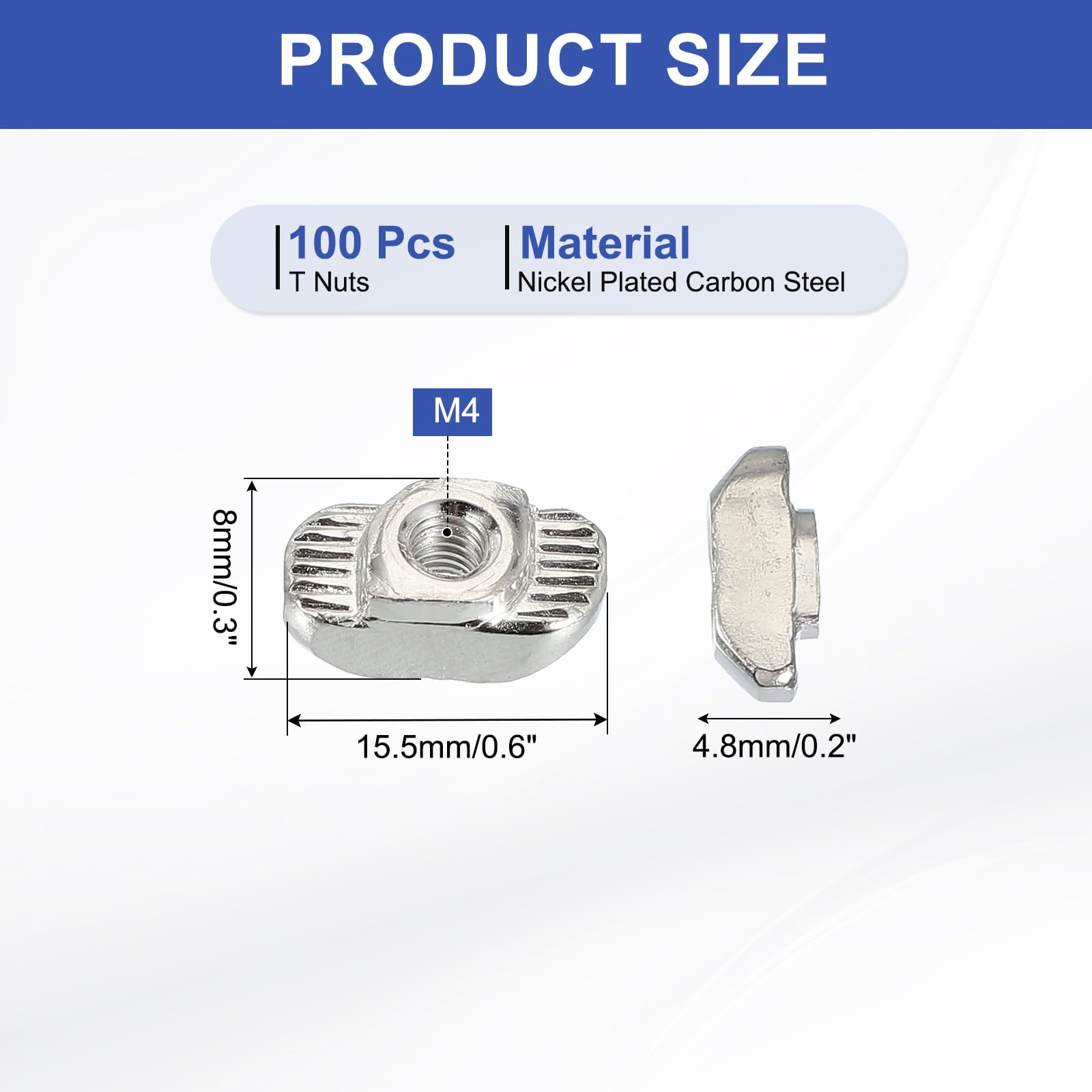 PATIKIL 3030 Series M4 t Nuts, 100pcs t Slot Nut Hammer Head Fastener Nut, Nickel Plated Carbon Steel Nut for Aluminum Profile l Silver - Image 2