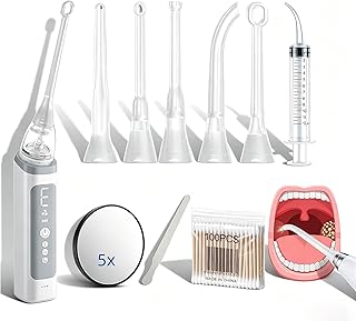 Kit eliminación cálculos amígdalas vacío electrónico, aspirador cálculos amígdalas ajustable 3 niveles espejo aumento 5x luz LED for cálculos amígdalas halitosis(009)