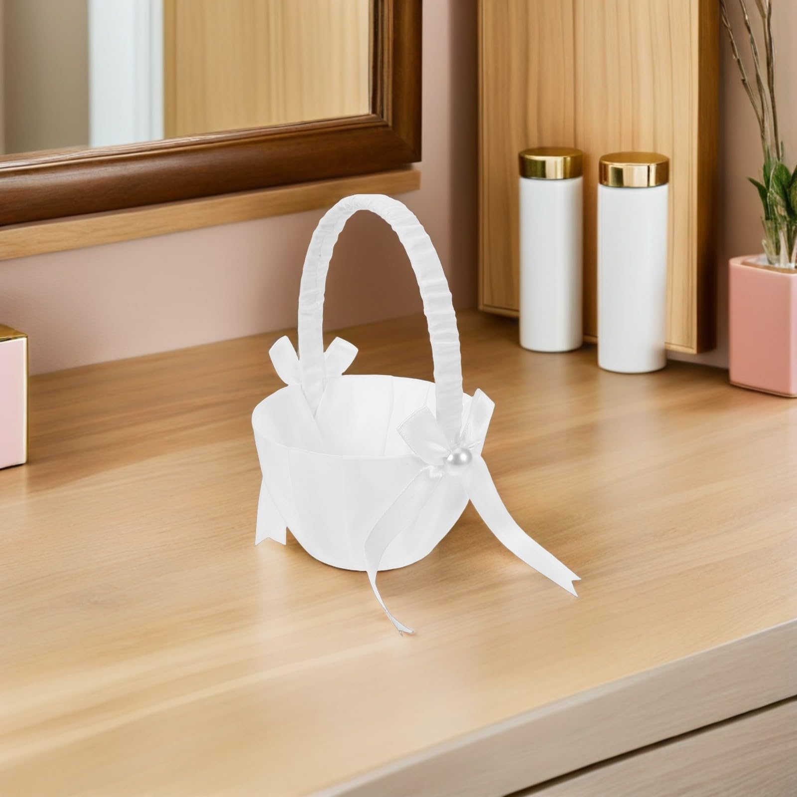 Brautstraußkorb aus Satin mit Henkel und Perlen, Weiß | Blumenmädchen und Besondere Zeremonien, Stabile Kunststoffstruktur, Schleife als Zubehör, 4 Stück