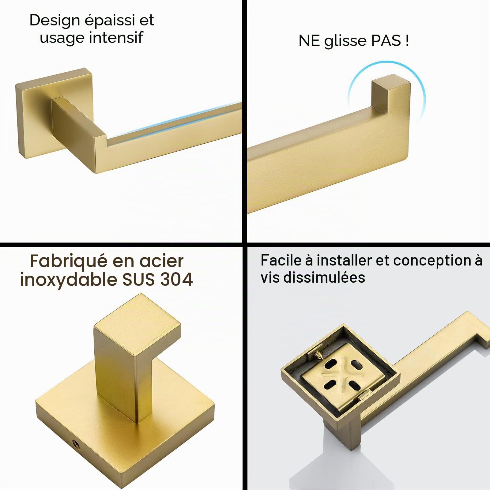 TURS Q7GD-4PC-60CM Lot de 4 accessoires de salle de bain en acier inoxydable carré porte-serviette, fixation murale, or brossé, Q7GD-4PC-60CM