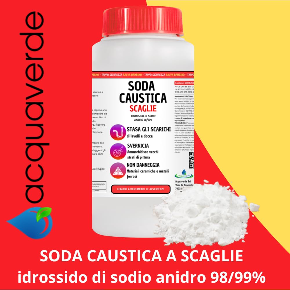 acquaverde | Soda Caustica a Scaglie 12 Kg, Ideale per Sturare gli Scarichi, Sverniciare, Disincrostante, Uso Domestico ed Industriale - MADE IN ITALY